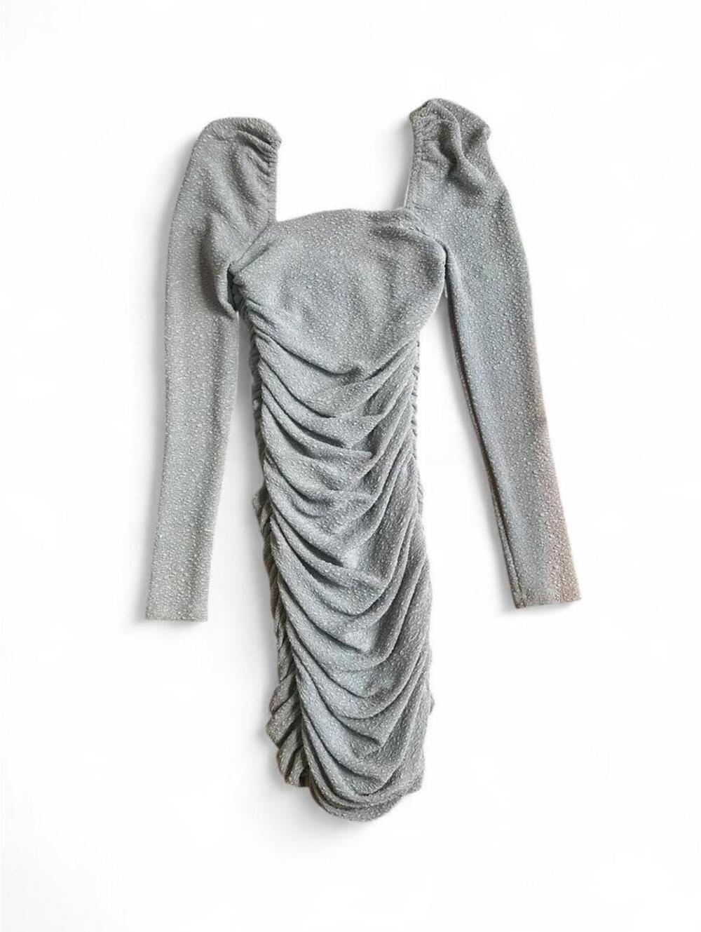 Gray Silver ruched mini dress with puffed sleeves size XS